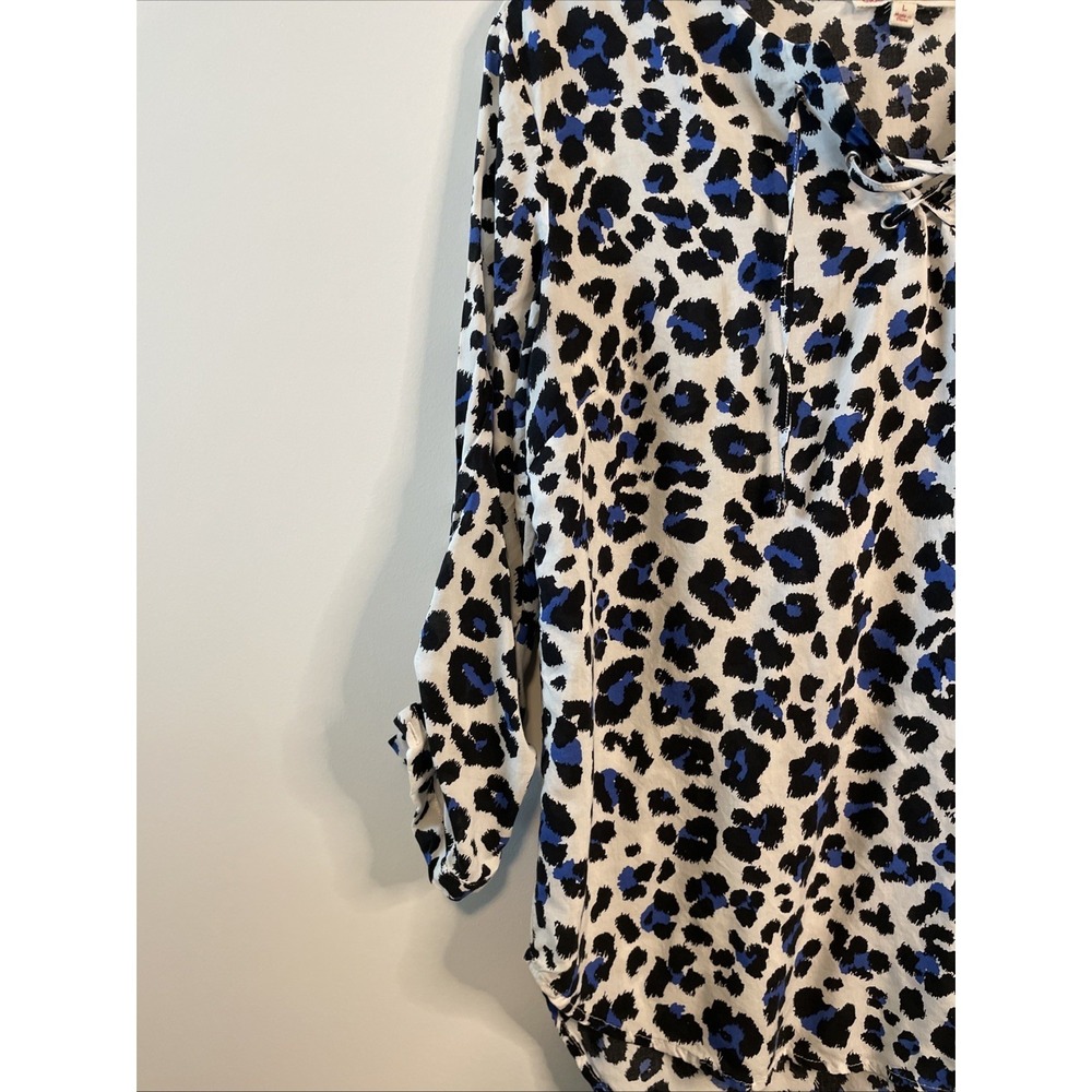 Grand & Greene Large Blue Leopard Print Rayon Top 3/4 Sleeve Boho Blouse - Picture 4 of 15